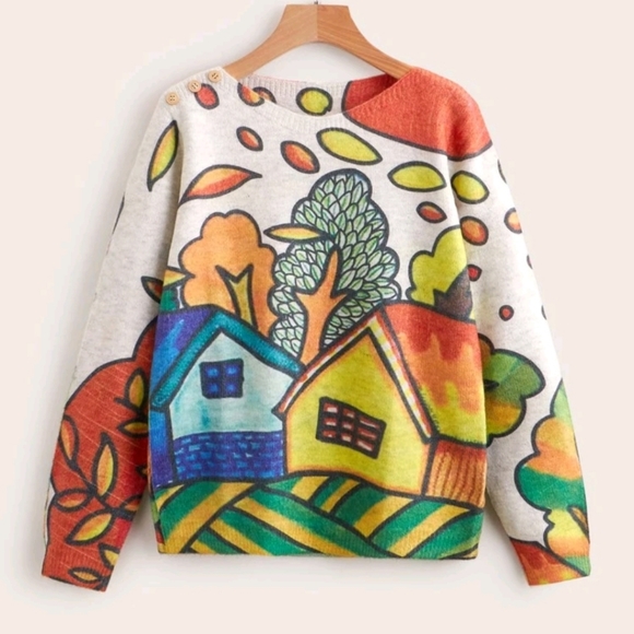 Cartoon Print country side Button Detail Sweater - Picture 2 of 5